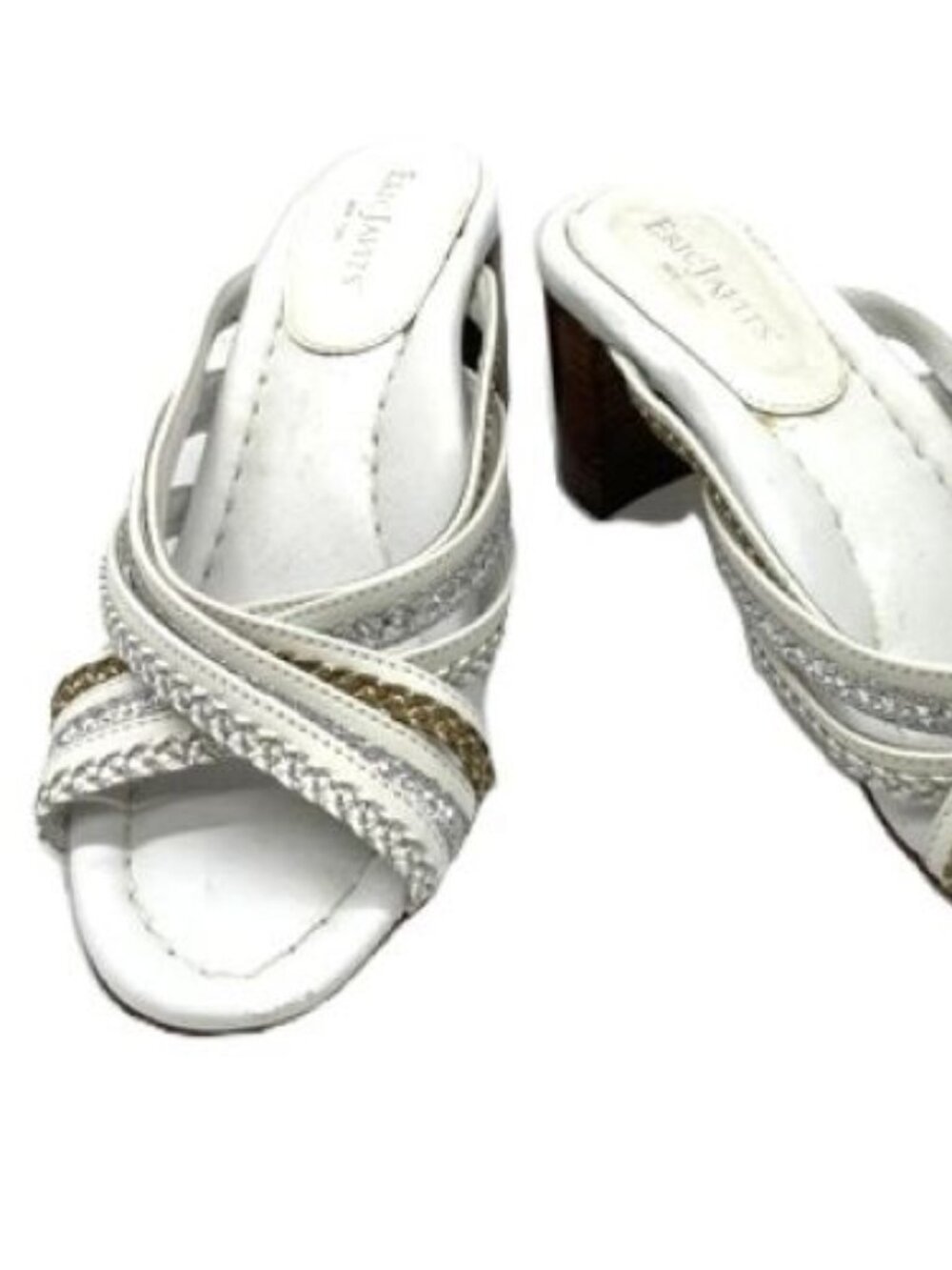Eric Javits White Leather With Silver & Natural Rattan Women's Heel Sandals 9W